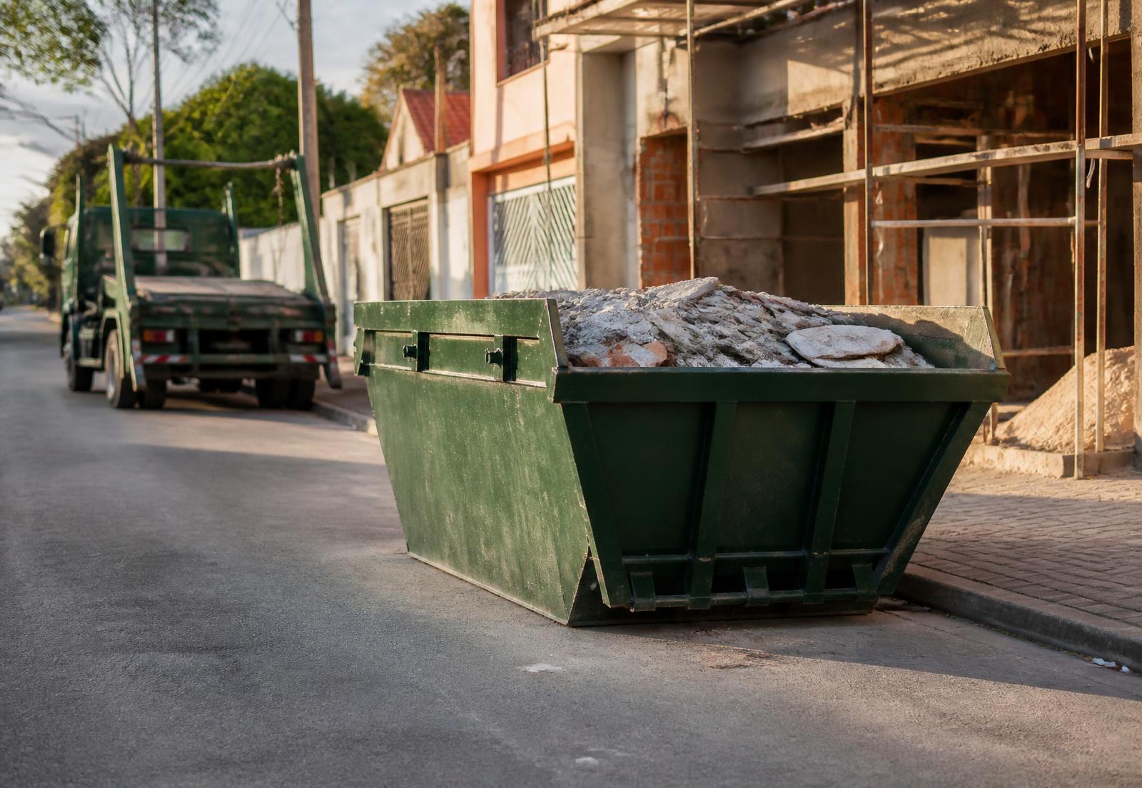Caçamba verde para entulho posicionada em rua de Guarujá ao lado de caminhão